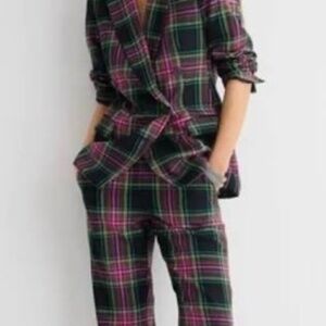 J. Crew Pink Tartan Wool-Blend Straight-Leg Pant